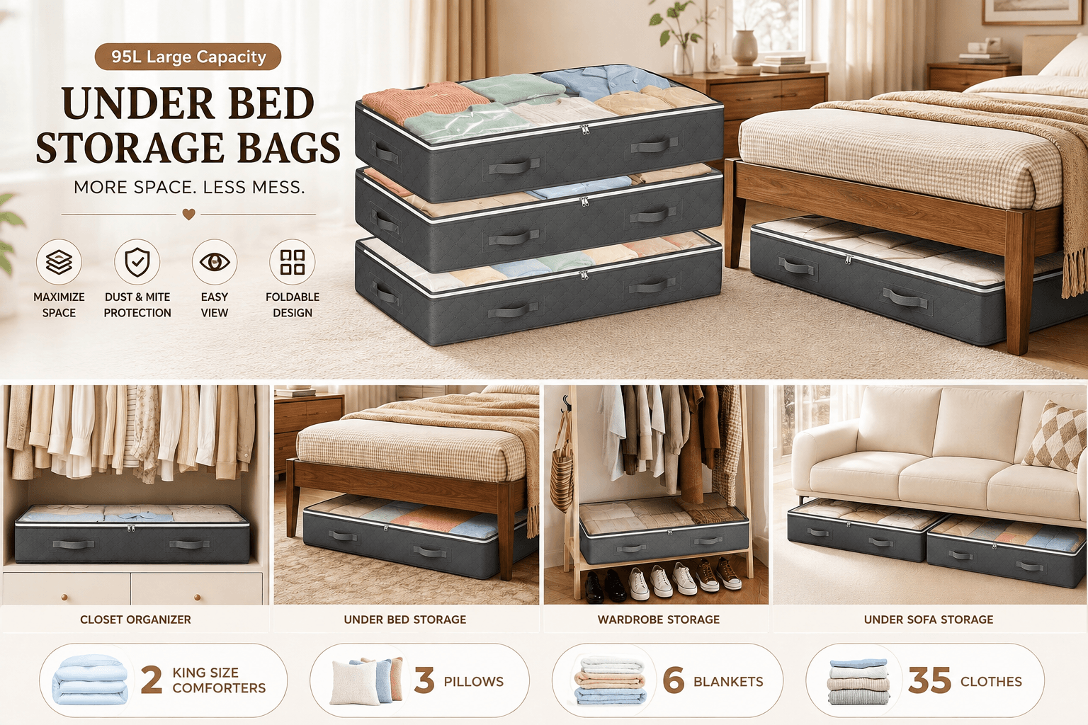 95L Under Bed Storage Bags (4-Pack) – Foldable Clothes, Blanket & Comforter Storage Organizer | Aesthetic Pantry