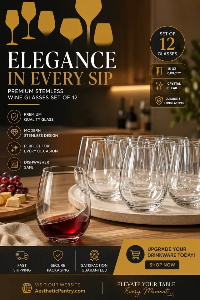 12-Piece Stemless Wine Glass Set – Premium 15 oz Crystal Clear Glasses for Elegant Dining & Entertaining