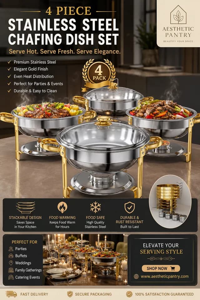 4-Piece Stainless Steel Chafing Dish Set with Glass Lid – Buffet Food Warmer for Parties & Catering