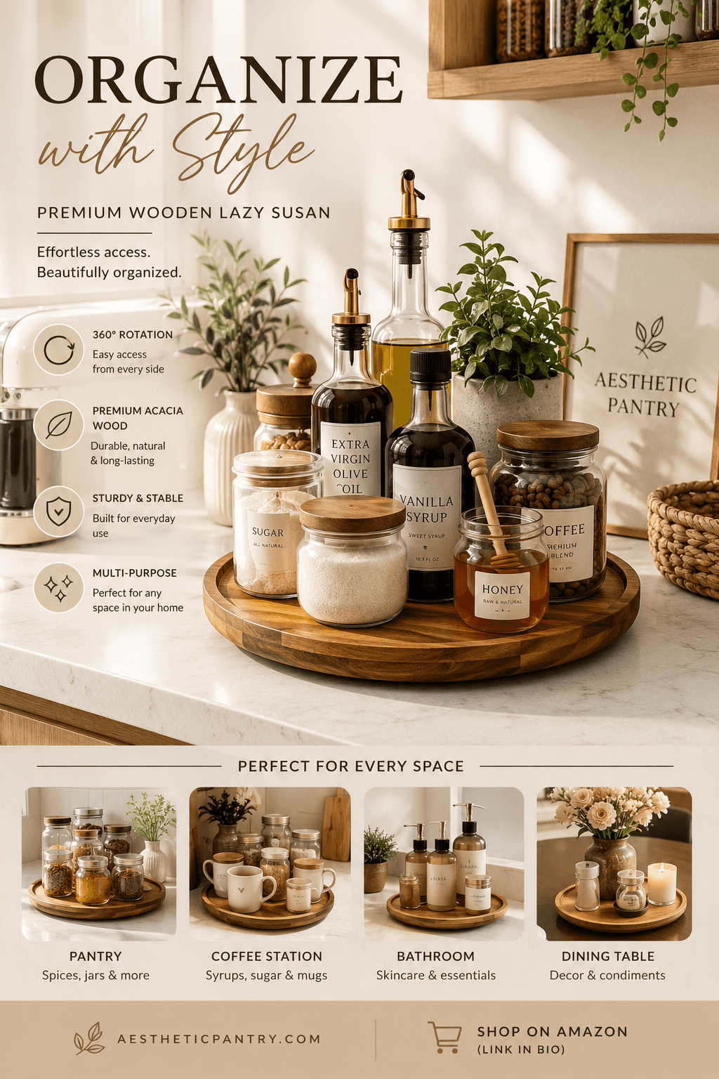 Wooden Lazy Susan Turntable Organizer