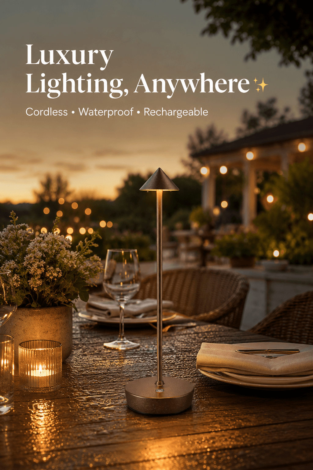 Luxury Cordless Rechargeable Table Lamp for Indoor & Outdoor Use (IP54 Waterproof)