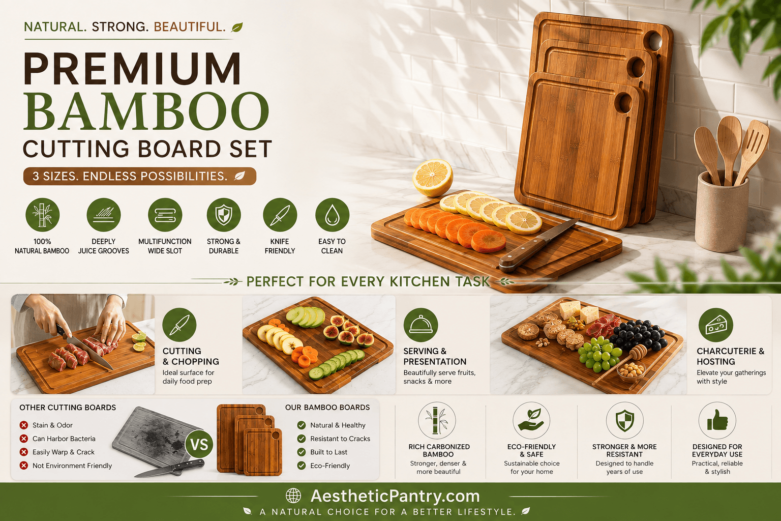 Premium Bamboo Cutting Board Set (3-Piece) | Eco-Friendly Kitchen Essential