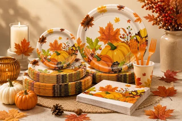 96-Piece Thanksgiving Paper Plate Set – Elegant Fall Disposable Dinnerware for Holiday Gatherings